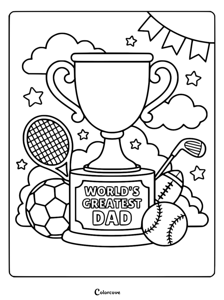Un coloriage de Fête des Pères à imprimer présentant un grand trophée avec l'inscription « Meilleur papa du monde », entouré d'une raquette de tennis, d'un ballon de foot, d'un club de golf, d'un ballon de rugby et d'une balle de baseball sous des nuages et des fanions.