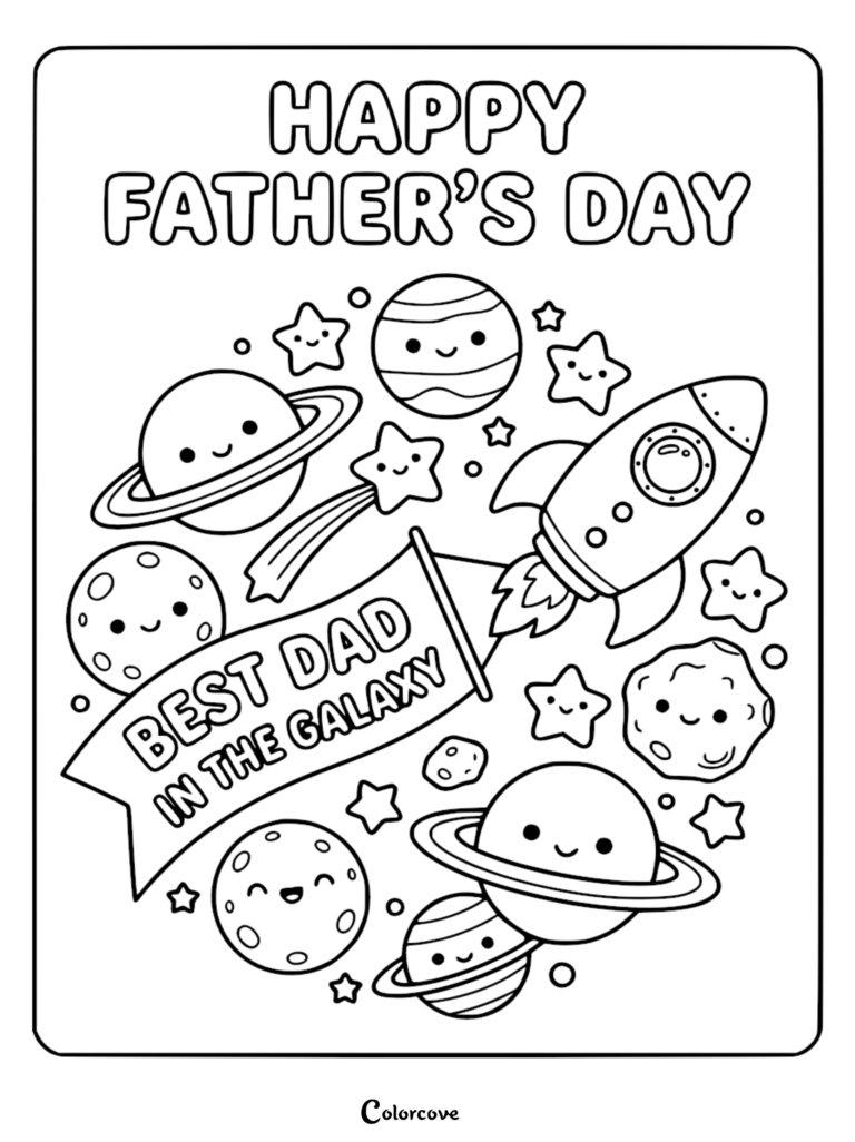 Coloriage kawaii sur le thème de l'espace pour la Fête des Pères, avec une fusée portant une bannière Meilleur papa de la galaxie, entourée de planètes, d'étoiles et de lunes souriantes.