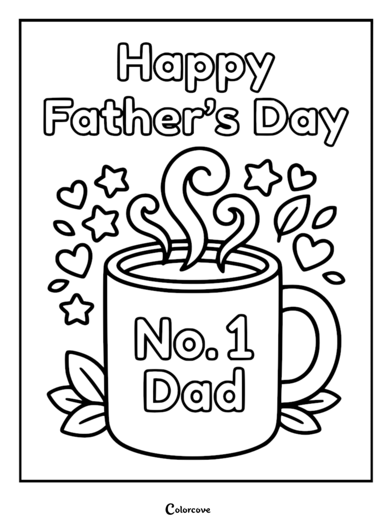 Un coloriage de Fête des Pères à imprimer présentant une tasse de café avec le texte « Papa n°1 », entouré de volutes de vapeur, d'étoiles, de cœurs et de petites feuilles.