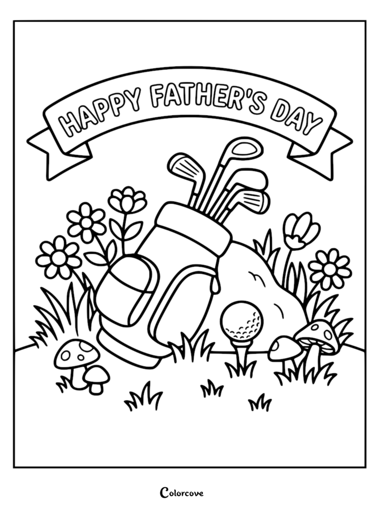 Un coloriage de Fête des Pères présentant un sac de golf avec des clubs à côté d'une balle de golf sur un tee, entouré de fleurs, d'herbe et de champignons.
