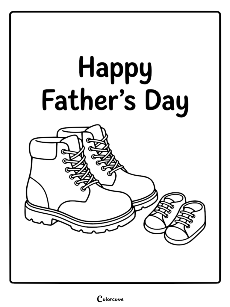Un coloriage à imprimer représentant de grandes chaussures de randonnée pour adulte à côté de petites baskets pour tout-petit sous le texte Bonne Fête des Pères.