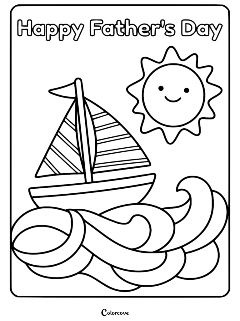 Un coloriage fantaisiste de Fête des Pères présentant un voilier sur une eau agitée sous un soleil joyeux et souriant.