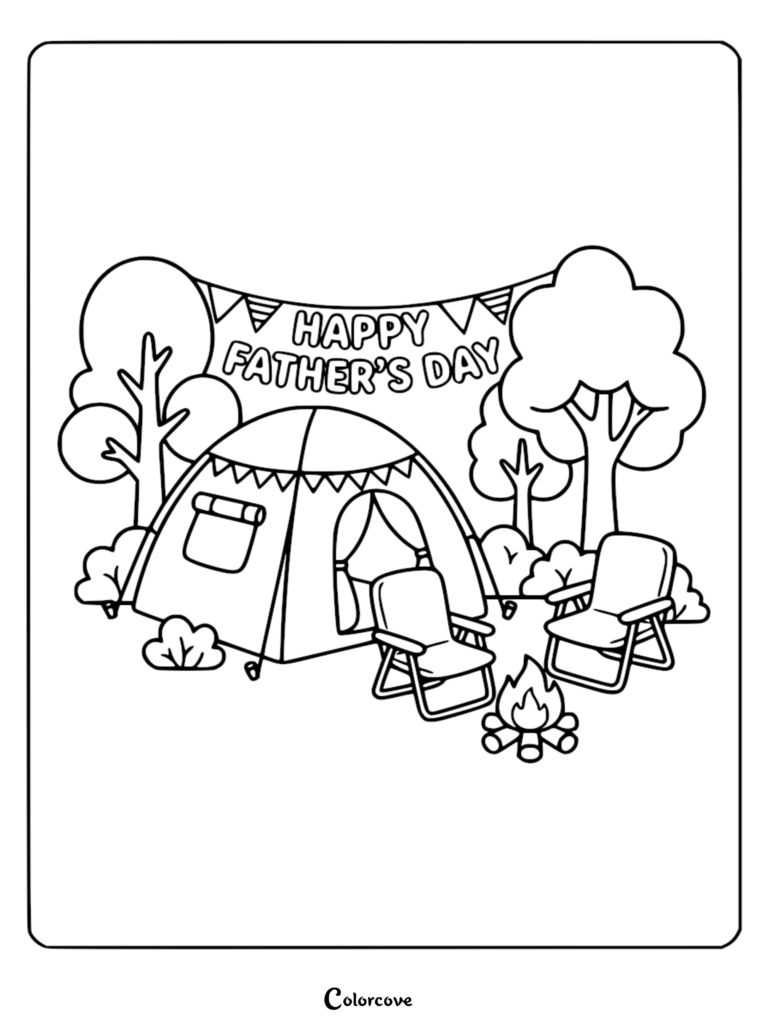 Un coloriage de Fête des Pères sur le thème du camping avec une tente, deux chaises pliantes et un petit feu de camp sous une bannière « Bonne Fête des Pères » dans une forêt.
