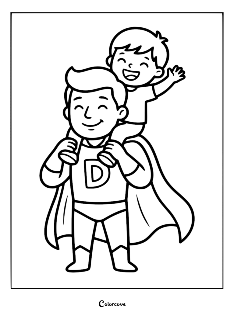 Un jeune garçon joyeux sur les épaules de son père souriant, déguisé en super-héros avec un D sur la poitrine, dans ce coloriage de Fête des Pères.