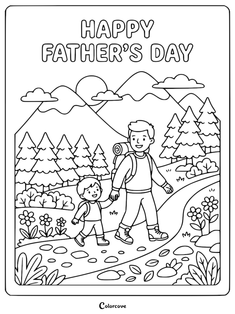 Un père et son enfant en randonnée sur un sentier de montagne, coloriage avec des pins, un soleil, des nuages et des fleurs.