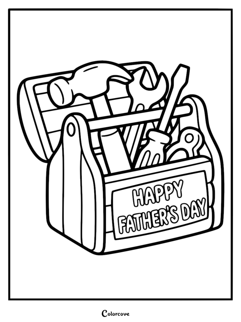Un coloriage de Fête des Pères à imprimer représentant une boîte à outils en bois ouverte remplie d'un marteau, d'une clé, d'un tournevis et d'une pince, avec le texte 'Bonne Fête des Pères' sur le devant.