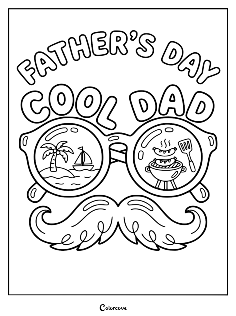 Coloriage de Fête des Pères représentant des lunettes de soleil avec un voilier, un palmier et un barbecue reflétés dans les verres, surmontées d'une grosse moustache.