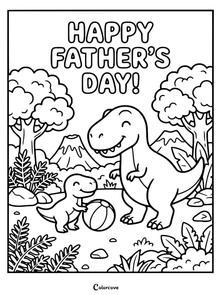 Un coloriage de Fête des Pères à imprimer représentant un papa dinosaure T-Rex jouant avec son bébé dans une jungle préhistorique avec des volcans.