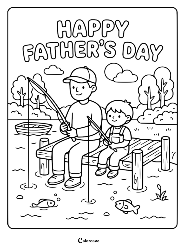 Un père et son fils assis sur un ponton en bois avec des cannes à pêche au bord du lac, avec le texte « Bonne Fête des Pères » au-dessus dans un style de coloriage à imprimer.