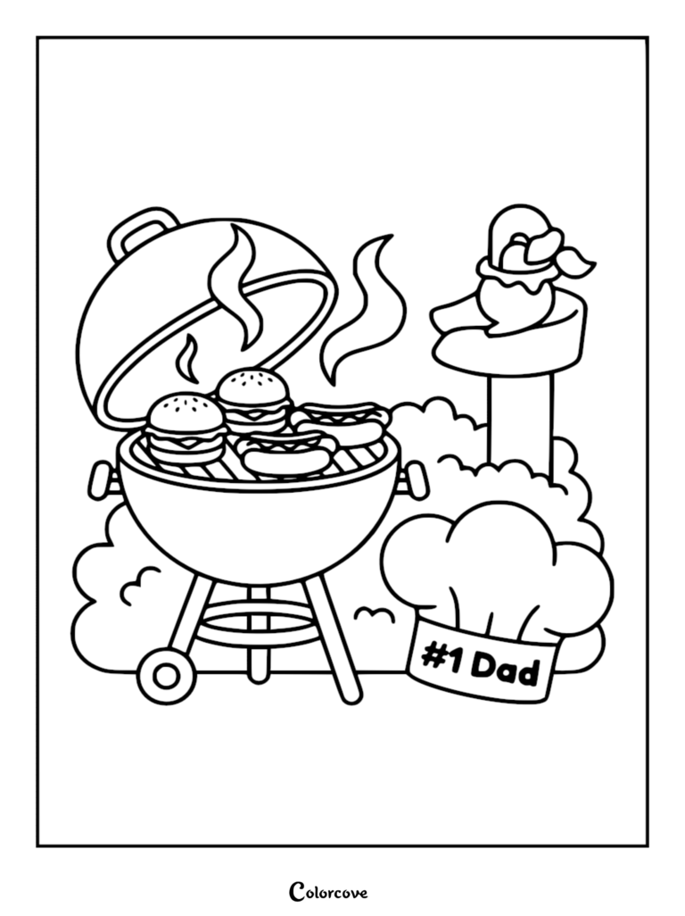 Un coloriage de Fête des Pères montrant un barbecue rond en train de cuire des hamburgers et des hot-dogs à côté d'une toque de chef marquée « Papa n°1 ».