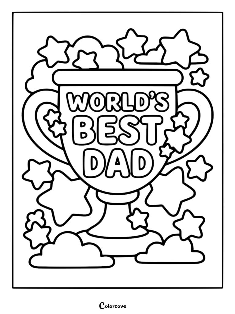 Un coloriage de Fête des Pères à imprimer présentant un grand trophée avec le texte « Meilleur papa du monde » entouré de plusieurs étoiles et nuages.