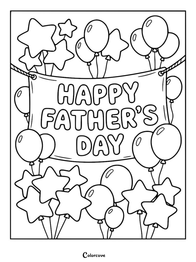 Un coloriage de Fête des Pères à imprimer présentant une grande bannière centrale entourée de ballons festifs en forme d'étoiles et d'ovales.