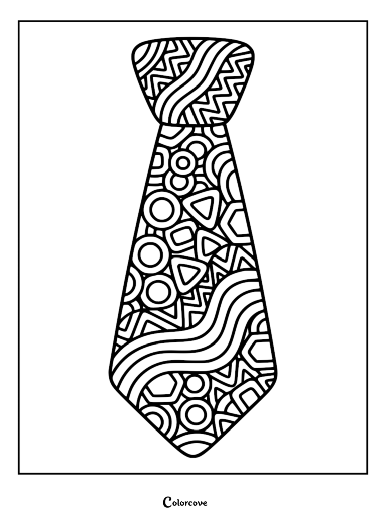 Un coloriage de cravate pour la Fête des Pères inspiré du Zentangle, avec des motifs complexes de cercles, de triangles, de zigzags et de lignes ondulées.