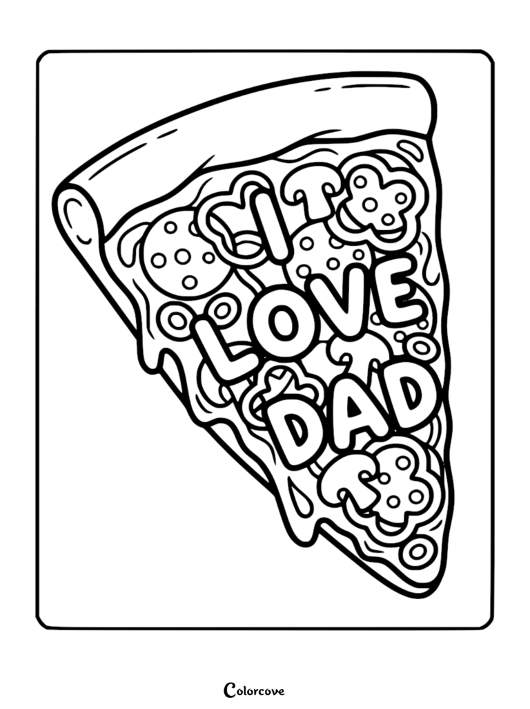 Un coloriage en forme de part de pizza avec le texte J'aime papa entouré de pepperoni, de champignons et de poivrons.