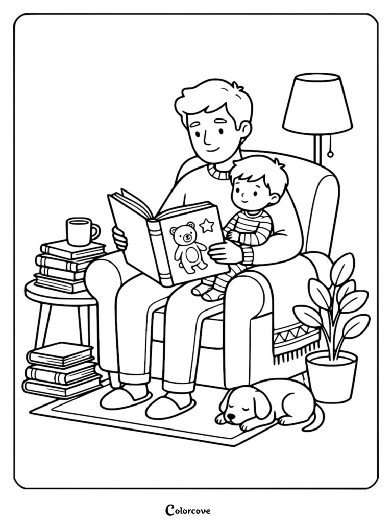 Un père et son jeune fils assis dans un fauteuil confortable lisant un livre avec une illustration d'ours en peluche, tandis qu'un chiot dort sur le sol, coloriage au trait.