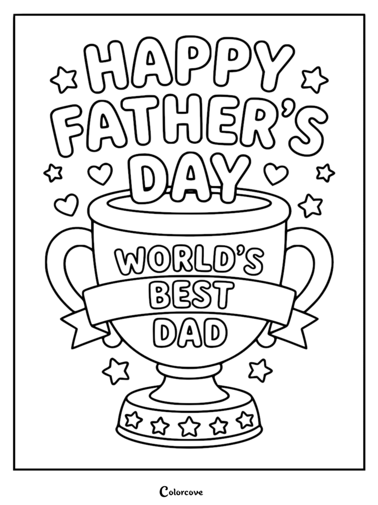 Un coloriage de Fête des Pères à imprimer présentant un grand trophée avec une bannière indiquant « Meilleur papa du monde », entouré d'étoiles et de cœurs.