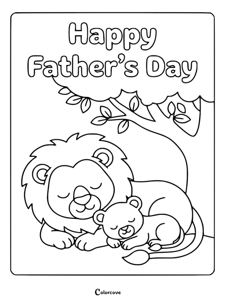 Un coloriage de Fête des Pères à imprimer représentant un lion faisant un câlin à son lionceau tout en dormant sous un grand arbre.