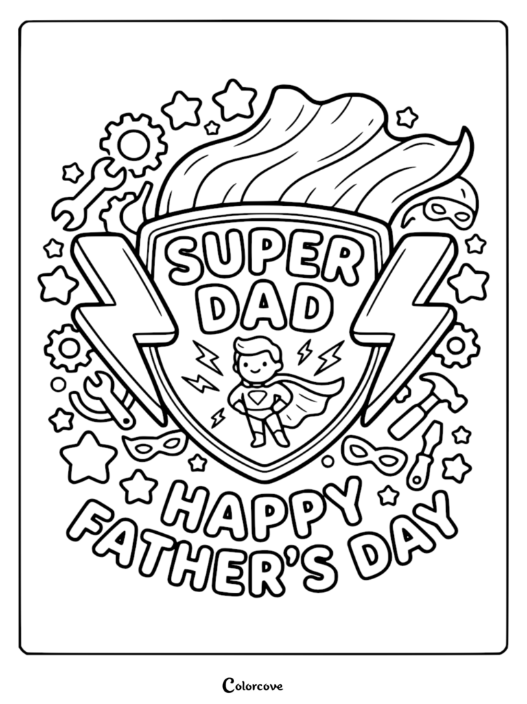 Un coloriage de Fête des Pères à imprimer représentant un emblème de bouclier Super Papa, un petit super-héros capé, des éclairs, des outils et des étoiles.