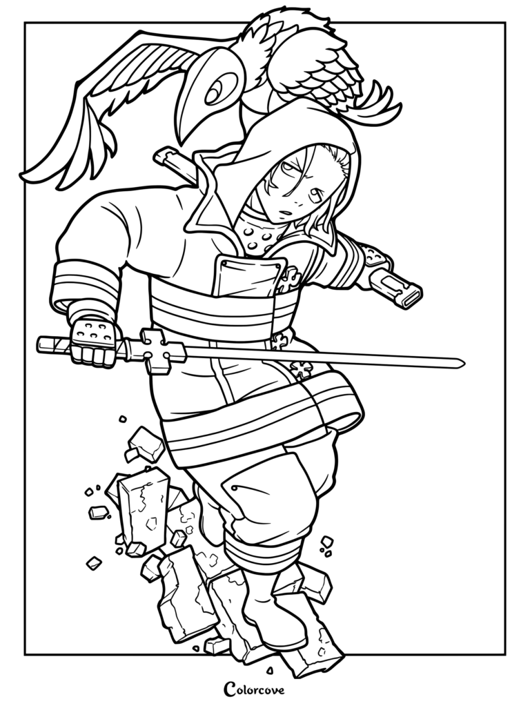 Dibujo para colorear donde Arthur Boyle aparece con su equipo de protección de bombero de la 8.ª Brigada Especial de Incendios blandiendo su espada de plasma, Excalibur.