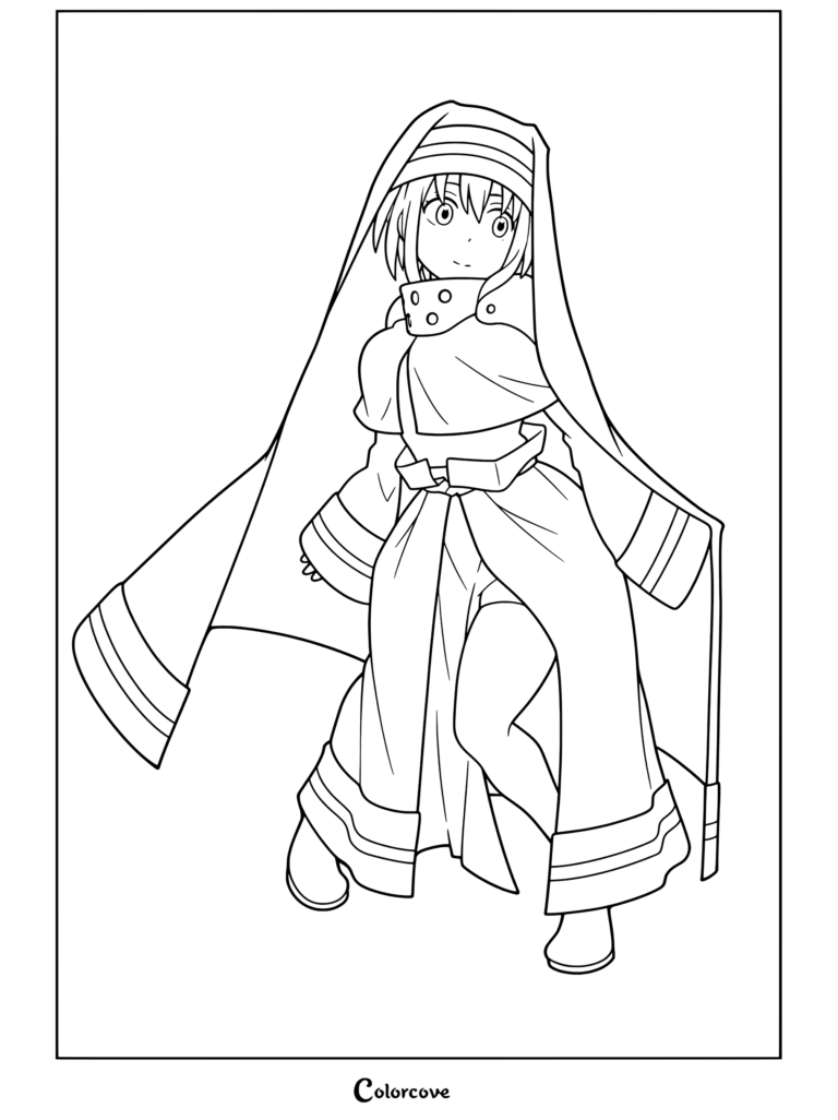 Dibujo para colorear de Iris de Fire Force con su atuendo de monja, abrigo negro largo y franjas celestes.