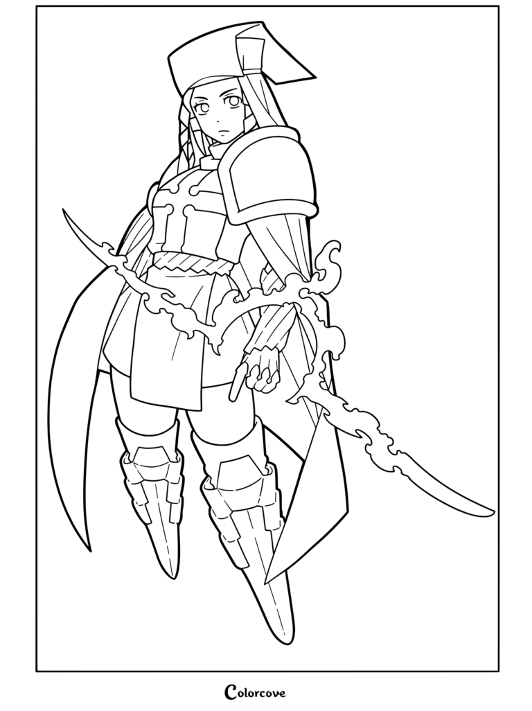 Dibujo para colorear de Iris de Fire Force de pie con porte seguro vistiendo una armadura de monja blanca con llamas azules brillantes de su habilidad de ignición.