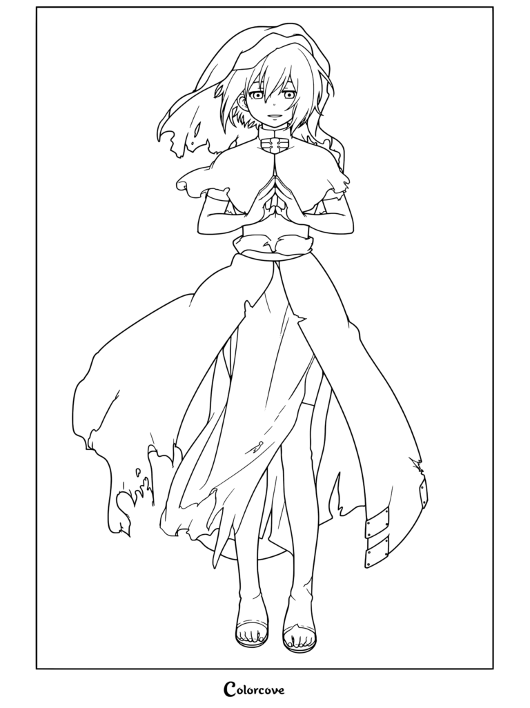 Dibujo para colorear de Iris de Fire Force con un hábito de monja desgastado, capa andrajosa y guantes, uniendo sus manos en oración.