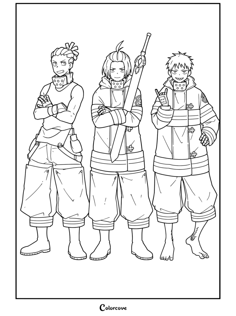 Dibujo para colorear de Fire Force con Karakasa, Arthur y Shinra juntos con su equipo de protección.