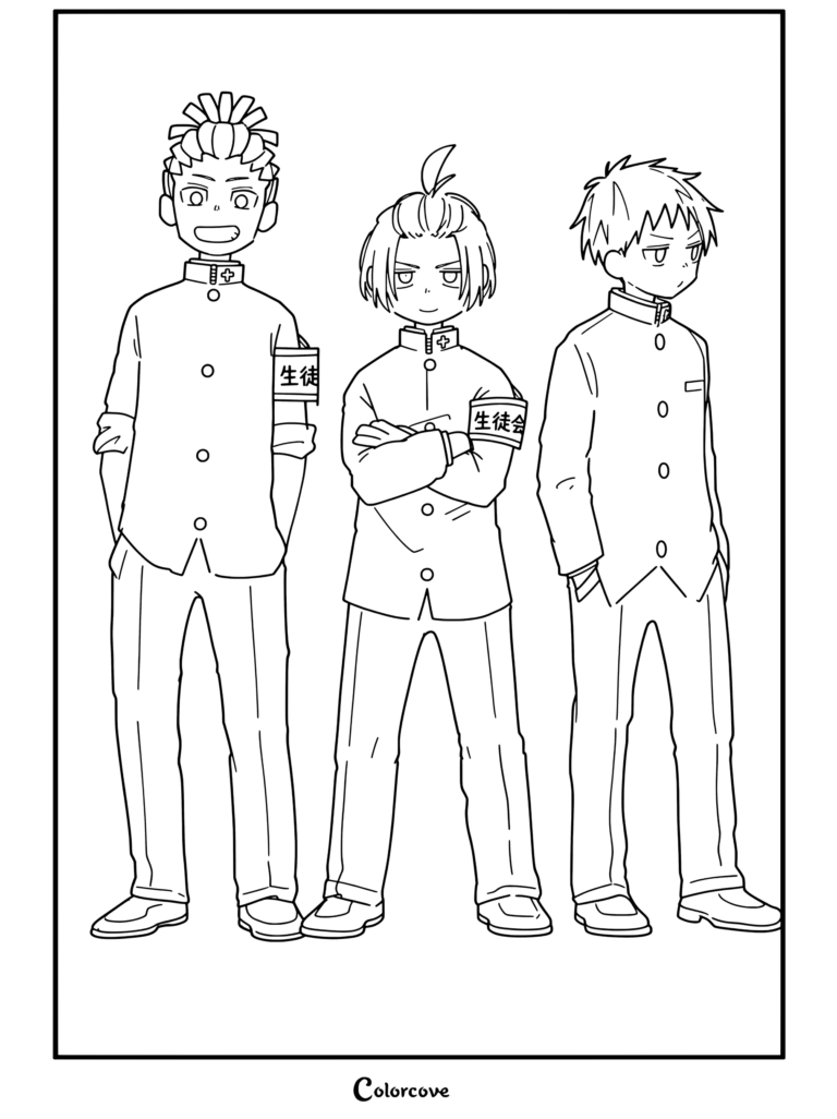 Dibujo para colorear de Fire Force con Karim Flam, Arthur Boyle y Shinra Kusakabe como estudiantes de secundaria vistiendo uniformes gakuran con brazaletes del consejo estudiantil.