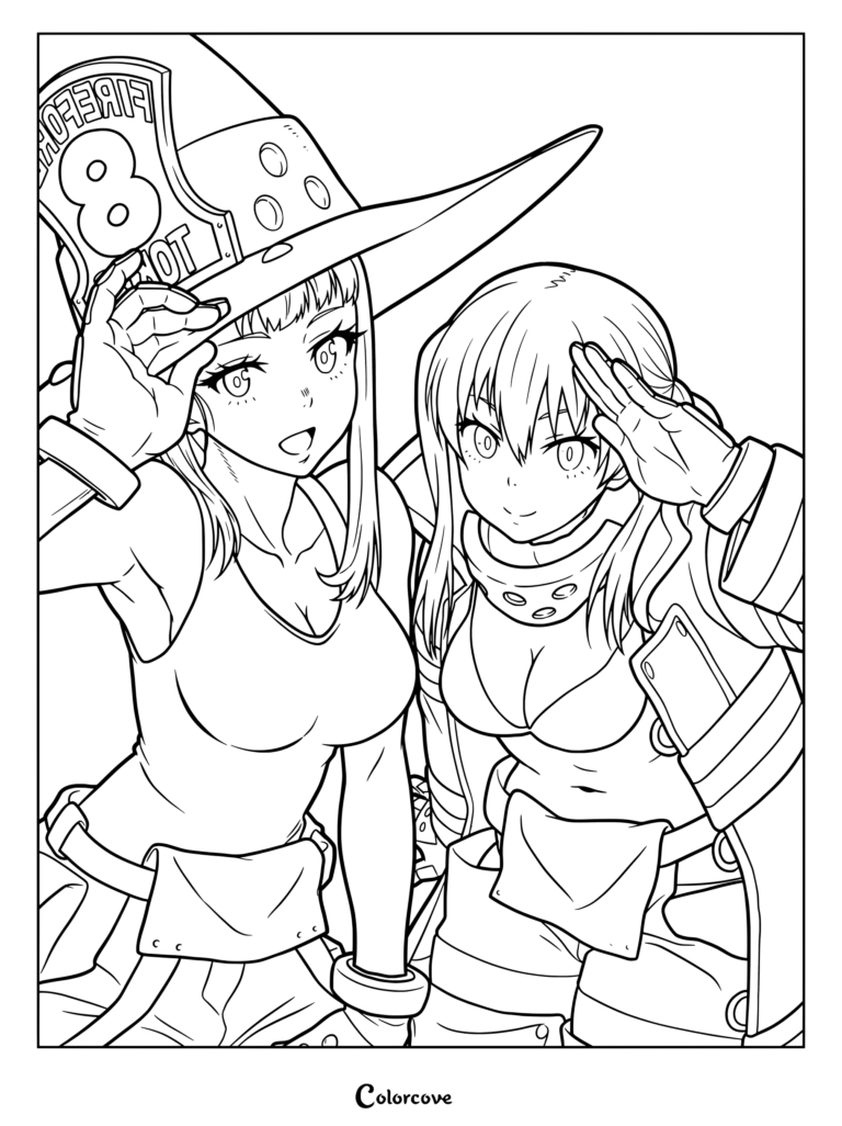 Dibujo para colorear gratis de Maki Oze y Tamaki Kotatsu de Fire Force, donde Maki sostiene su casco de bombero y Tamaki saluda con la mano.