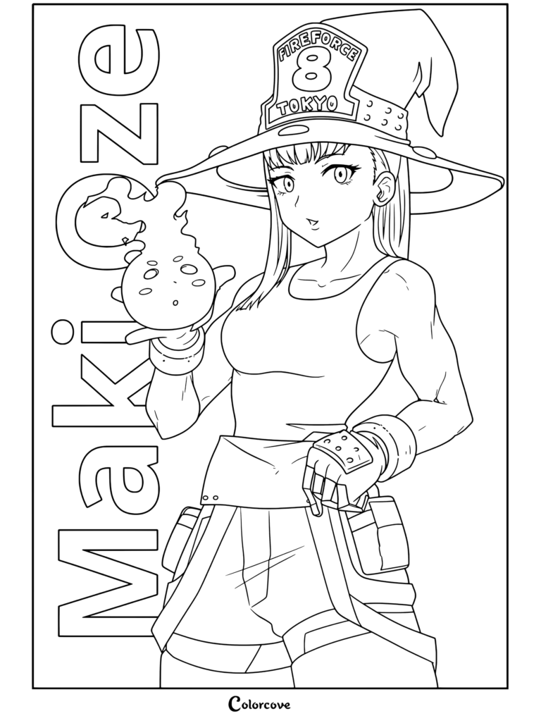 Dibujo para colorear de Maki Oze de Fire Force con sombrero de bruja y sosteniendo a Suke Suke, un espíritu de fuego llameante.