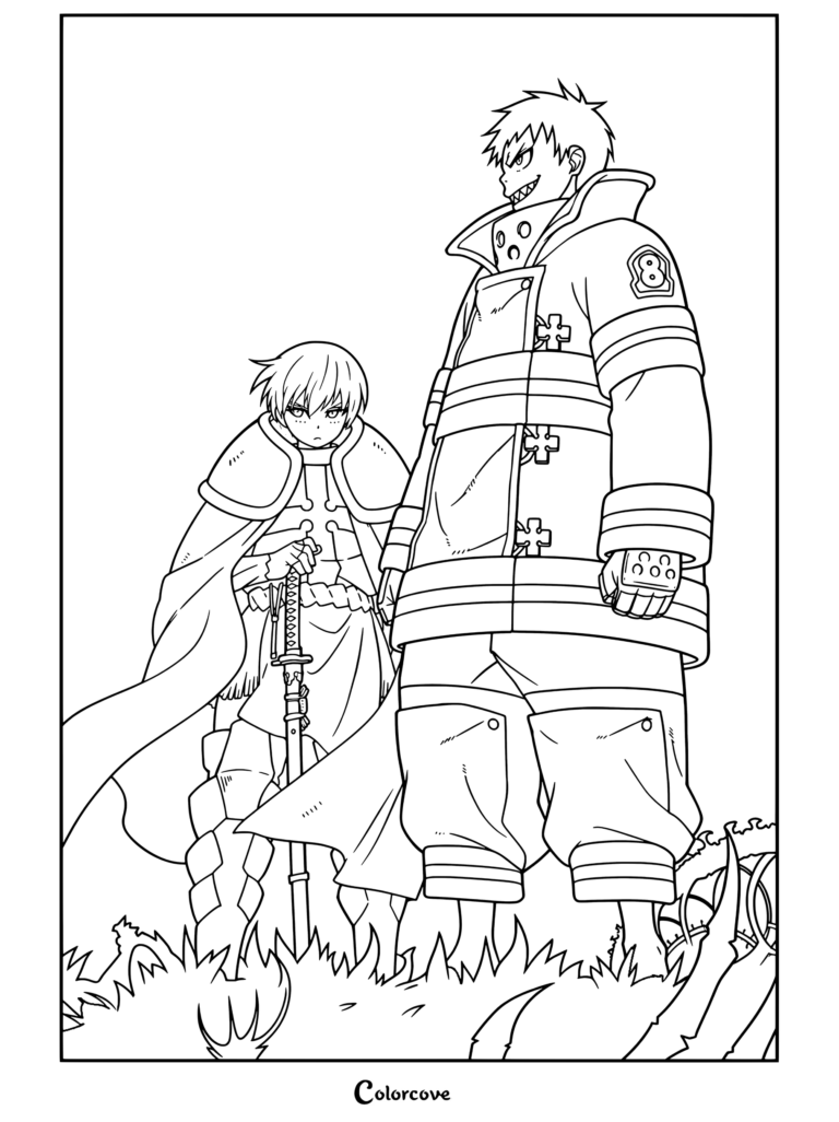 Dibujo para colorear de Fire Force con Shinra Kusakabe y Sho Kusakabe juntos, con contornos detallados para niños.