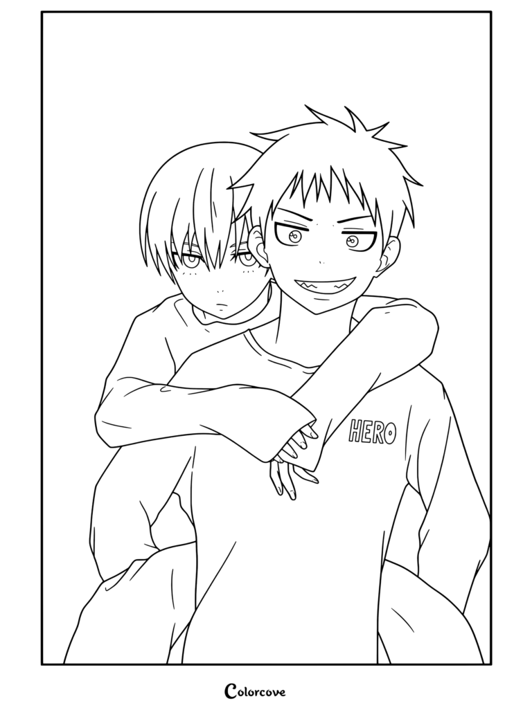 Dibujo para colorear para fans de Fire Force con Shinra Kusakabe llevando a cuestas a Haise Kaneki con una camiseta de héroe.