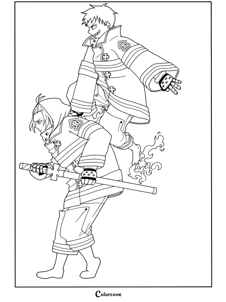 Dibujo para colorear de Fire Force con Shinra Kusakabe a lomos de Arthur Boyle mientras brotan llamas de sus pies y Arthur sostiene la espada Excalibur.