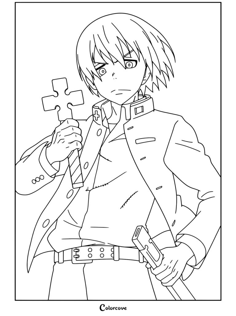 Dibujo para colorear de Fire Force con Arthur Boyle sosteniendo la empuñadura de Excalibur y un arma en forma de cruz.