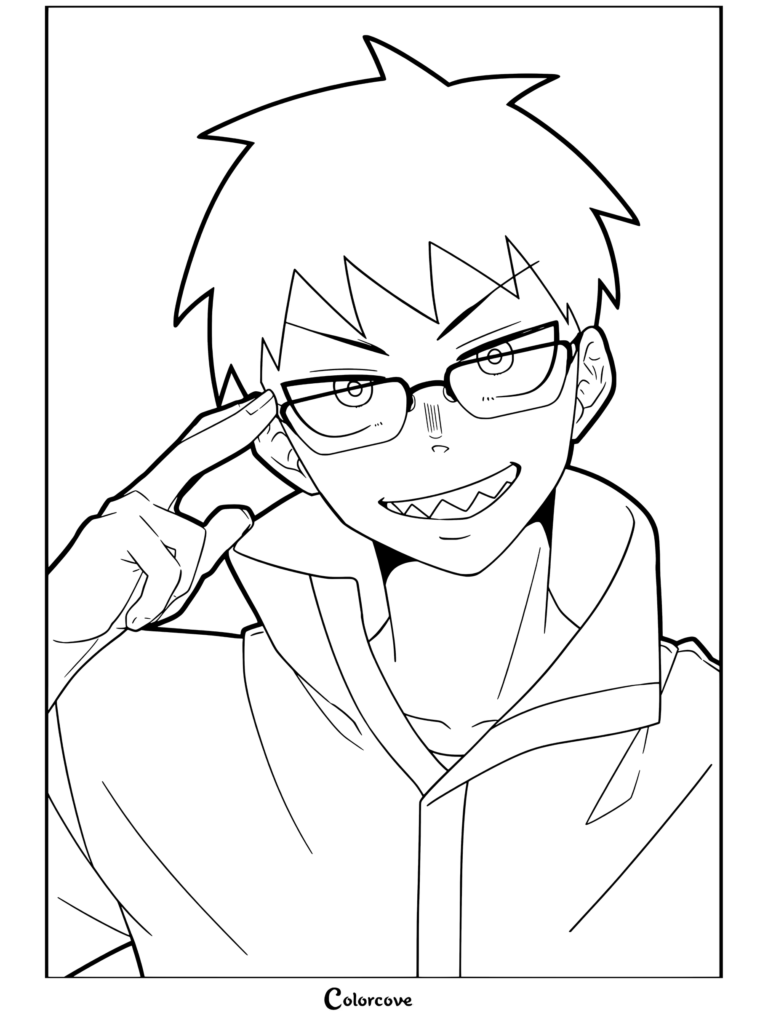 Dibujo para colorear para fans de Fire Force con Shinra Kusakabe sonriendo con dientes afilados y ajustándose las gafas con un mono naranja de presidiario.