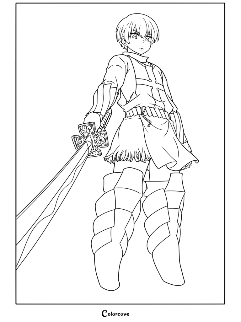 Dibujo para colorear de Sho Kusakabe de Fire Force sosteniendo una espada con uniforme de caballero blanco.