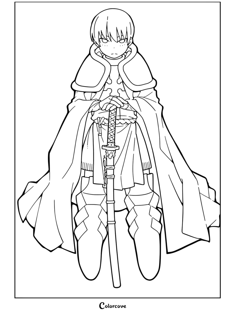 Dibujo para colorear de Fire Force con Sho Kusakabe de pie con rigidez vistiendo túnicas de los Vestidos de Blanco con el emblema de la cruz roja, sosteniendo una katana con ojos rojos y expresión seria.