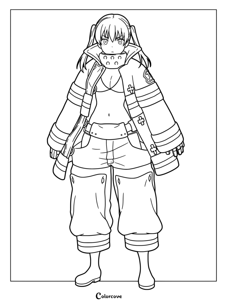 Dibujo para colorear e imprimir de Tamaki Kotatsu de Fire Force con su equipo de protección de bombero y dos coletas.