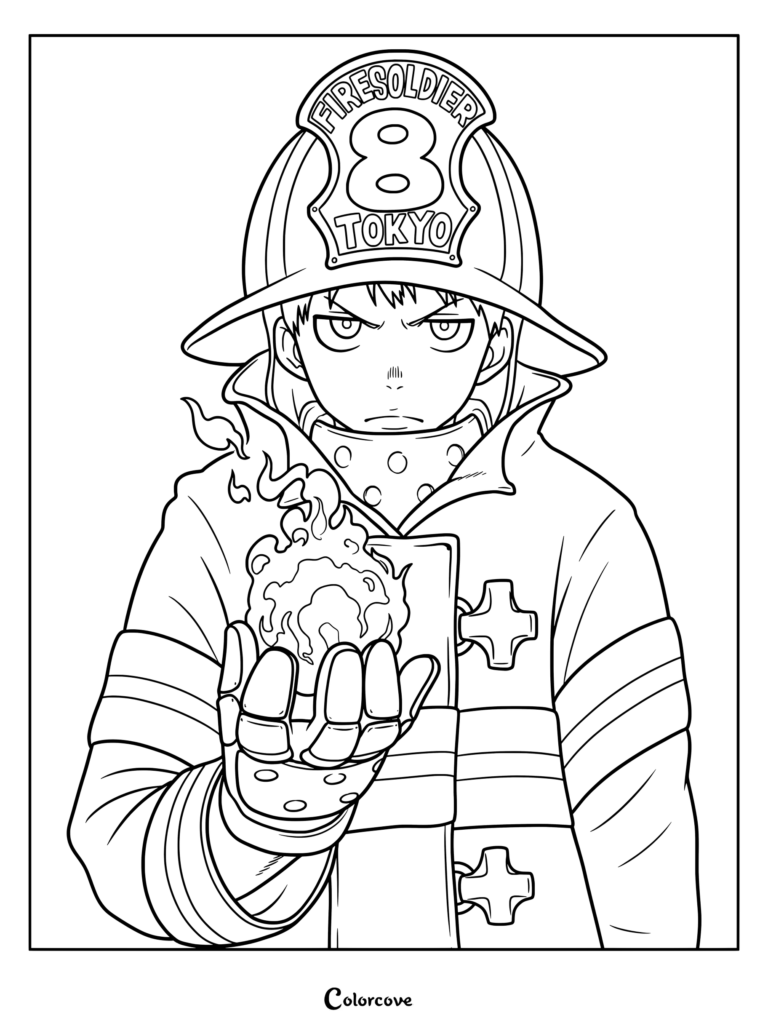 Dibujo para colorear de Shinra Kusakabe de Fire Force vistiendo su uniforme de la 8.ª Brigada Especial de Incendios y sosteniendo una pequeña llama.