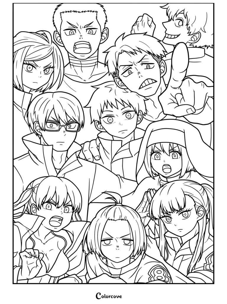 Dibujo para colorear e imprimir de Fire Force con Shinra Kusakabe, Arthur Boyle, Takehisa Hinawa, Iris, Maki Oze, Tamaki Kotatsu, Akitaru Obi, Leonard Burns, Vulcan Joseph y Lisa Isaribi.