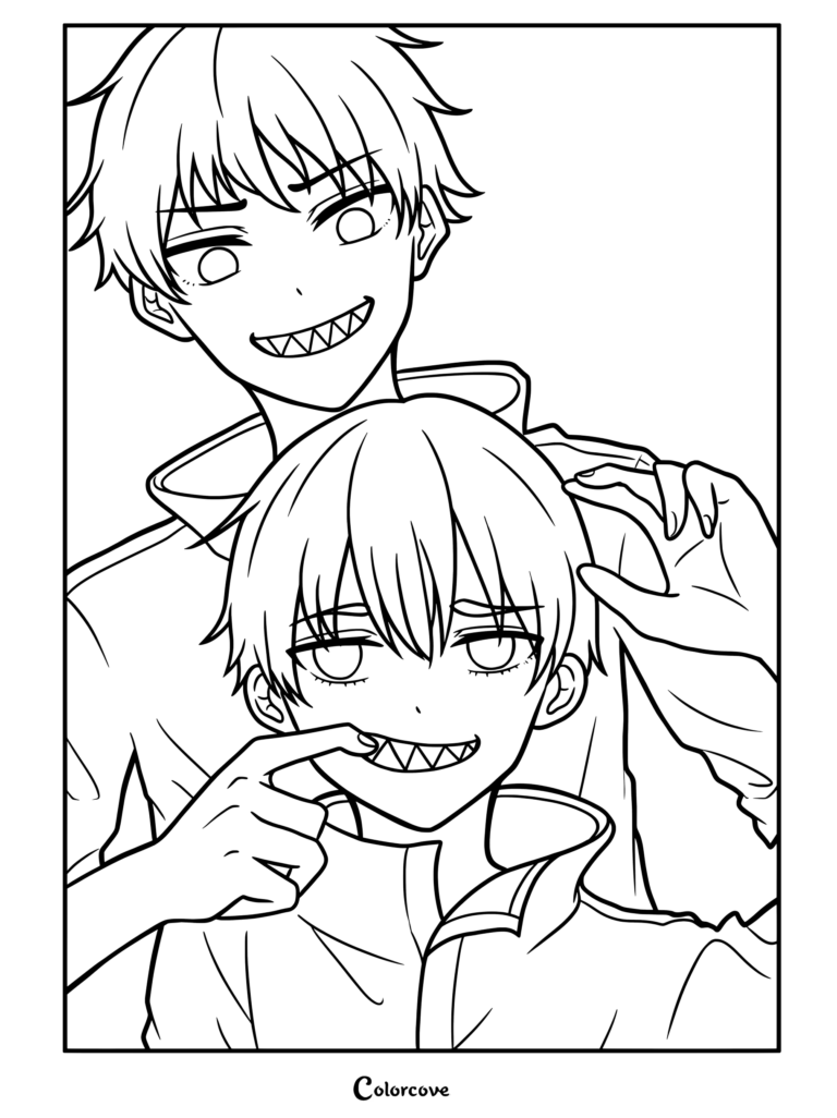 Dibujo para colorear de Shinra Kusakabe y Shō Kusakabe de niños, de la serie de anime y manga Fire Force.