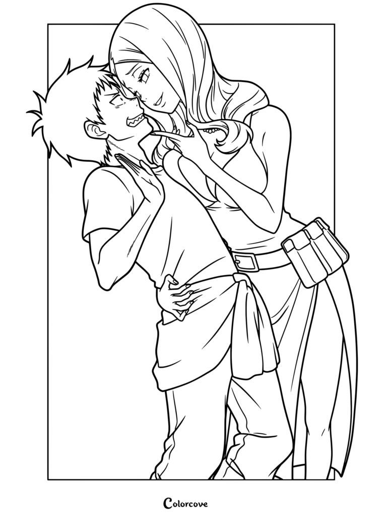 Dibujo para colorear de Fire Force con una escena dramática entre Shinra Kusakabe y la Princesa Hibana.