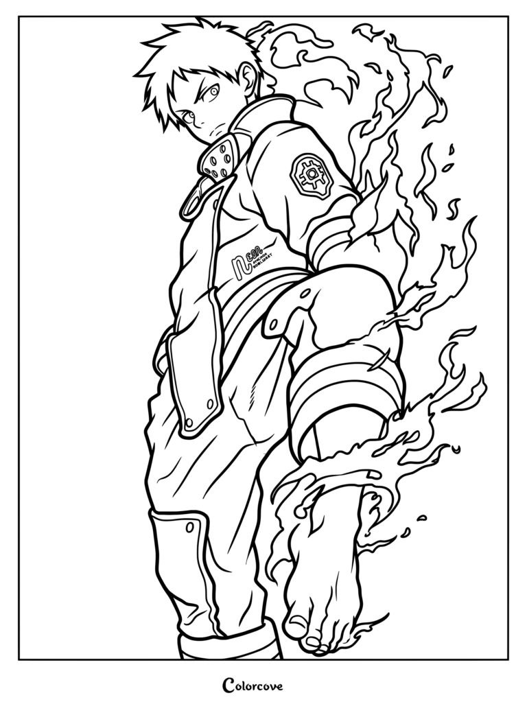 Dibujo para colorear e imprimir de Fire Force de Shinra Kusakabe usando su emblemática habilidad de ignición Huellas del Diablo con llamas alrededor de sus pies.
