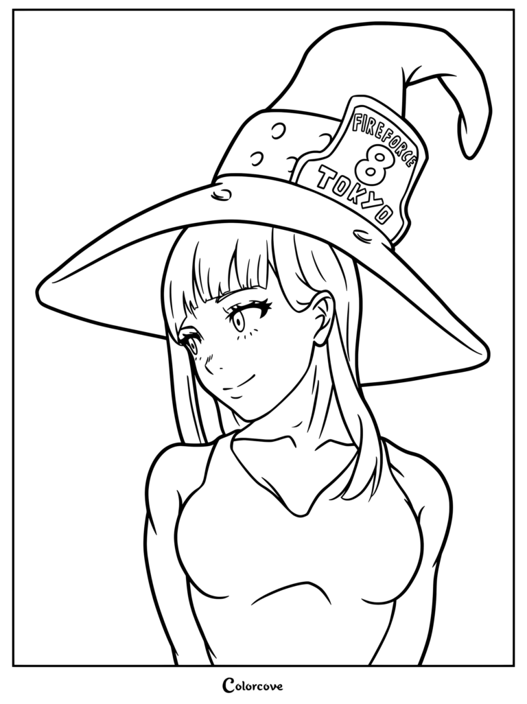 Dibujo para colorear gratis de Fire Force con Maki Oze luciendo su característico sombrero de bruja de la 8.ª Brigada Especial de Incendios.