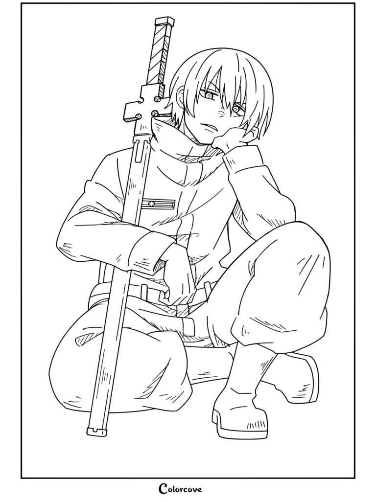 Dibujo para colorear gratis de Fire Force con Arthur Boyle sentado con cara de aburrimiento mientras se apoya en su espada Excalibur.