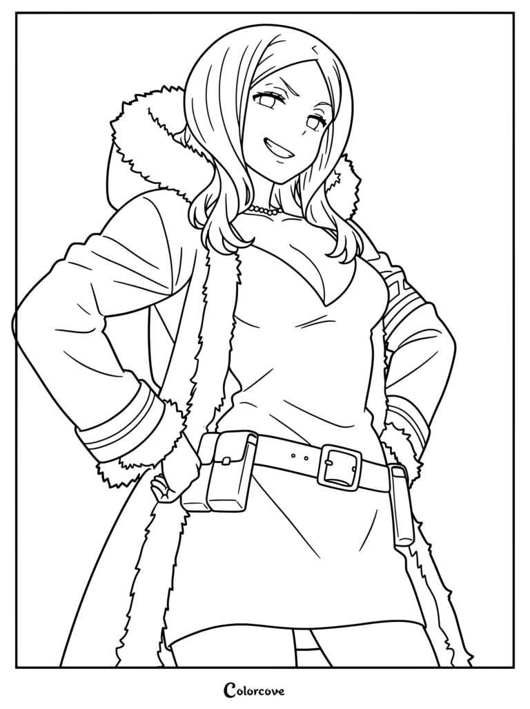 Dibujo detallado para colorear de la Princesa Hibana de Fire Force, de pie con las manos en las caderas y vistiendo un abrigo con ribete de piel.