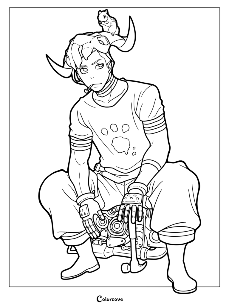 Dibujo para colorear imprimible de Fire Force con Vulcan Joseph sentado sobre un motor, con una ardilla sobre su casco con cuernos y un martillo en la mano.