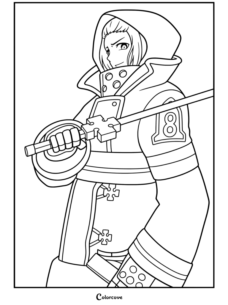 Dibujo para colorear de Arthur Boyle sosteniendo su espada de hoja de plasma (Excalibur) de la serie de anime y manga Fire Force.