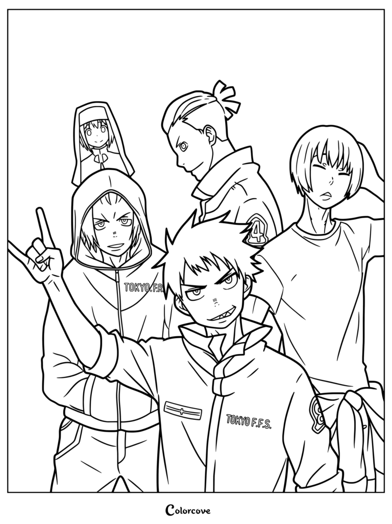 Dibujo para colorear de Fire Force con Shinra Kusakabe, Arthur Boyle, Ogun Montgomery, Lisa Isaribi y la Hermana Iris posando juntos.