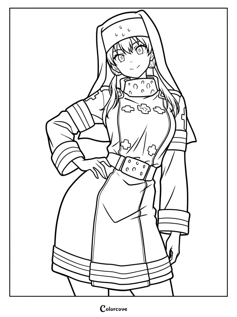 Dibujo para colorear de Iris de Fire Force vestida con un hábito religioso oscuro adornado con cruces y bandas de protección.